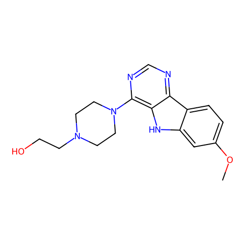 2-[4-(7-methoxy-5H-pyrimido[5,4-b]indol-4-yl)piperazin-1-yl]ethanol structure