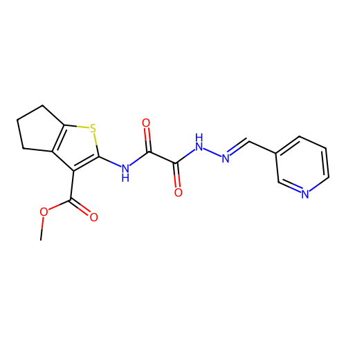 (E)-methyl 2-(2-oxo-2-(2-(pyridin-3-ylmethylene)hydrazinyl)acetamido)-5,6-dihydro-4H-cyclopenta[b]thiophene-3-carboxylate structure