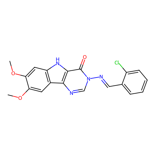 (E)-3-((2-chlorobenzylidene)amino)-7,8-dimethoxy-3H-pyrimido[5,4-b]indol-4(5H)-one structure