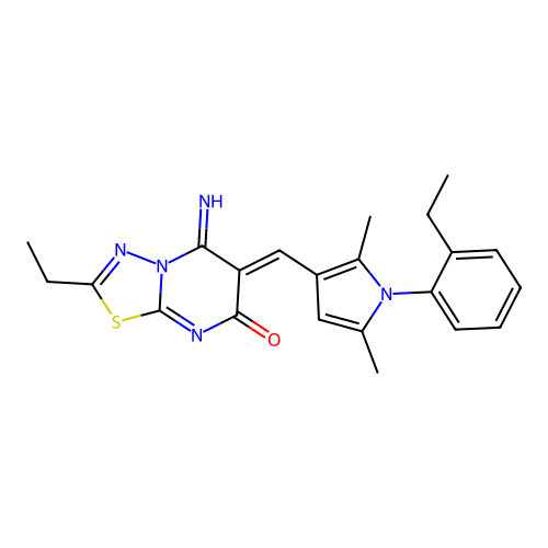 (6Z)-2-ethyl-6-[[1-(2-ethylphenyl)-2,5-dimethylpyrrol-3-yl]methylidene]-5-imino-[1,3,4]thiadiazolo[3,2-a]pyrimidin-7-one structure