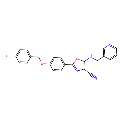 2-[4-[(4-chlorophenyl)methoxy]phenyl]-5-(pyridin-3-ylmethylamino)-1,3-oxazole-4-carbonitrile structure