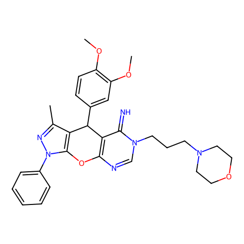 4-(3,4-dimethoxyphenyl)-3-methyl-6-[3-(morpholin-4-yl)propyl]-1-phenyl-4,6-dihydropyrazolo[4',3':5,6]pyrano[2,3-d]pyrimidin-5(1H)-imine structure