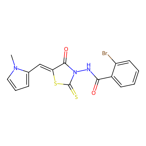 (Z)-2-bromo-N-(5-((1-methyl-1H-pyrrol-2-yl)methylene)-4-oxo-2-thioxothiazolidin-3-yl)benzamide structure