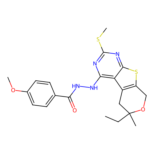 N'-(6-ethyl-6-methyl-2-(methylthio)-6,8-dihydro-5H-pyrano[4',3':4,5]thieno[2,3-d]pyrimidin-4-yl)-4-methoxybenzohydrazide structure