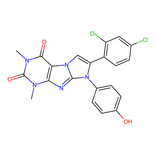 7-(2,4-dichlorophenyl)-8-(4-hydroxyphenyl)-1,3-dimethyl-1H-imidazo[2,1-f]purine-2,4(3H,8H)-dione structure