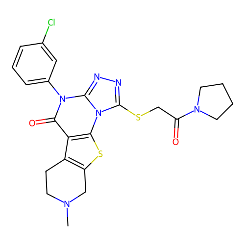 4-(3-chlorophenyl)-8-methyl-1-((2-oxo-2-(pyrrolidin-1-yl)ethyl)thio)-6,7,8,9-tetrahydropyrido[4',3':4,5]thieno[3,2-e][1,2,4]triazolo[4,3-a]pyrimidin-5(4H)-one structure