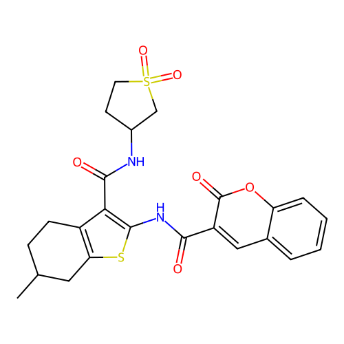 N-(3-((1,1-dioxidotetrahydrothiophen-3-yl)carbamoyl)-6-methyl-4,5,6,7-tetrahydrobenzo[b]thiophen-2-yl)-2-oxo-2H-chromene-3-carboxamide structure
