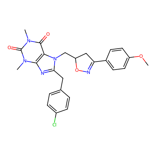 8-(4-chlorobenzyl)-7-{[3-(4-methoxyphenyl)-4,5-dihydro-1,2-oxazol-5-yl]methyl}-1,3-dimethyl-3,7-dihydro-1H-purine-2,6-dione structure