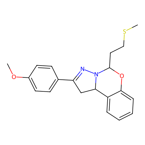 2-(4-methoxyphenyl)-5-(2-(methylthio)ethyl)-5,10b-dihydro-1H-benzo[e]pyrazolo[1,5-c][1,3]oxazine structure