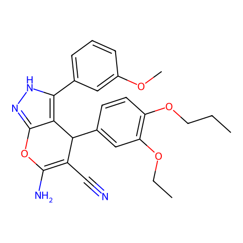 6-amino-4-(3-ethoxy-4-propoxyphenyl)-3-(3-methoxyphenyl)-2,4-dihydropyrano[2,3-c]pyrazole-5-carbonitrile structure