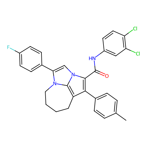 N-(3,4-dichlorophenyl)-4-(4-fluorophenyl)-1-(4-methylphenyl)-5,6,7,8-tetrahydro-2a,4a-diazacyclopenta[cd]azulene-2-carboxamide structure