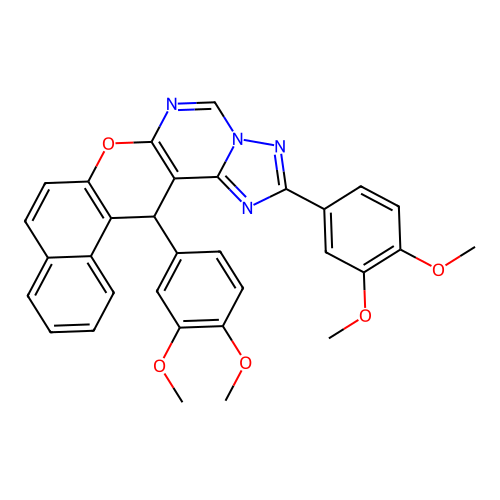 2,14-bis(3,4-dimethoxyphenyl)-14H-benzo[5,6]chromeno[3,2-e][1,2,4]triazolo[1,5-c]pyrimidine structure