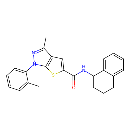 3-methyl-1-(2-methylphenyl)-N-(1,2,3,4-tetrahydronaphthalen-1-yl)-1H-thieno[2,3-c]pyrazole-5-carboxamide structure