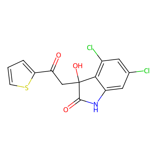 4,6-dichloro-3-hydroxy-3-(2-oxo-2-thiophen-2-ylethyl)-1H-indol-2-one structure