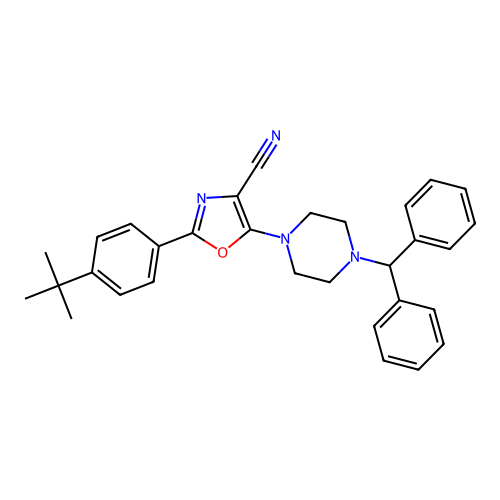2-(4-tert-butylphenyl)-5-[4-(diphenylmethyl)piperazin-1-yl]-1,3-oxazole-4-carbonitrile structure