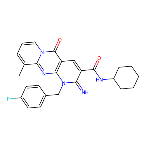 N-cyclohexyl{1-[(4-fluorophenyl)methyl]-2-imino-10-methyl-5-oxo(1,6-dihydropyr idino[2,3-d]pyridino[1,2-a]pyrimidin-3-yl)}carboxamide structure