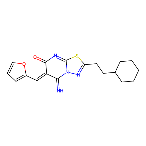 (6Z)-2-(2-cyclohexylethyl)-6-(furan-2-ylmethylidene)-5-imino-[1,3,4]thiadiazolo[3,2-a]pyrimidin-7-one structure