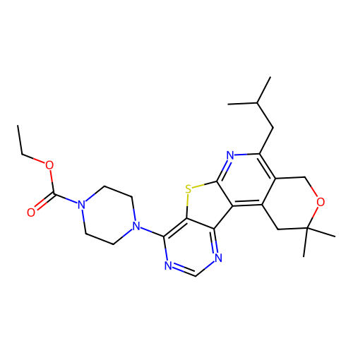 ethyl 4-(5-isobutyl-2,2-dimethyl-2,4-dihydro-1H-pyrano[4'',3'':4',5']pyrido[3',2':4,5]thieno[3,2-d]pyrimidin-8-yl)piperazine-1-carboxylate structure
