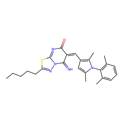 (6E)-6-[[1-(2,6-dimethylphenyl)-2,5-dimethylpyrrol-3-yl]methylidene]-5-imino-2-pentyl-[1,3,4]thiadiazolo[3,2-a]pyrimidin-7-one structure
