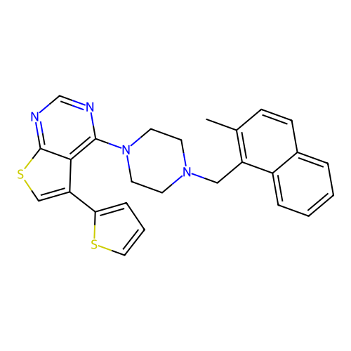 4-(4-((2-methylnaphthalen-1-yl)methyl)piperazin-1-yl)-5-(thiophen-2-yl)thieno[2,3-d]pyrimidine structure