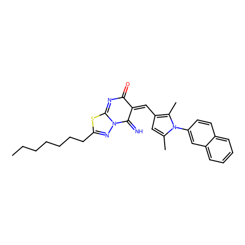 (6E)-6-[(2,5-dimethyl-1-naphthalen-2-ylpyrrol-3-yl)methylidene]-2-heptyl-5-imino-[1,3,4]thiadiazolo[3,2-a]pyrimidin-7-one structure