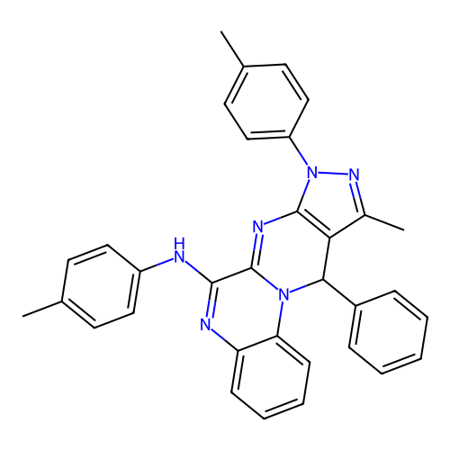 10-methyl-11-phenyl-N,8-di-p-tolyl-8,11-dihydropyrazolo[3',4':4,5]pyrimido[1,2-a]quinoxalin-6-amine structure