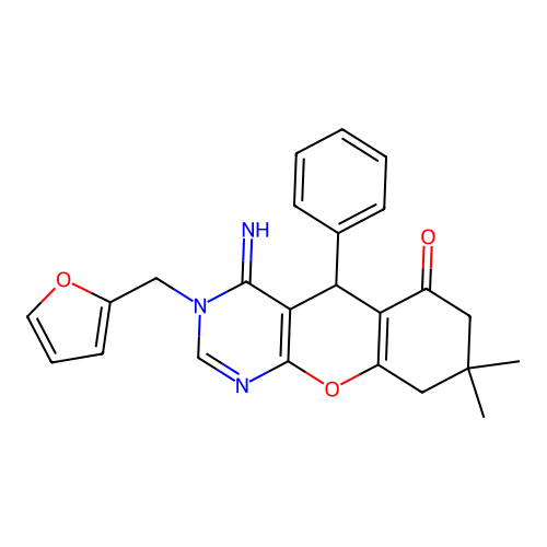 3-(furan-2-ylmethyl)-4-imino-8,8-dimethyl-5-phenyl-3,4,5,7,8,9-hexahydro-6H-chromeno[2,3-d]pyrimidin-6-one structure