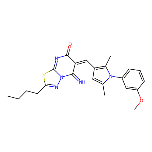 (6E)-2-butyl-5-imino-6-[[1-(3-methoxyphenyl)-2,5-dimethylpyrrol-3-yl]methylidene]-[1,3,4]thiadiazolo[3,2-a]pyrimidin-7-one structure