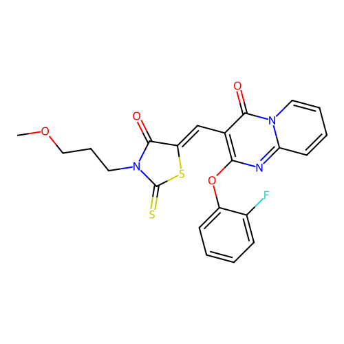 2-(2-fluorophenoxy)-3-{(Z)-[3-(3-methoxypropyl)-4-oxo-2-thioxo-1,3-thiazolidin-5-ylidene]methyl}-4H-pyrido[1,2-a]pyrimidin-4-one structure