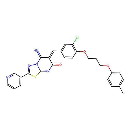 (6Z)-6-[[3-chloro-4-[3-(4-methylphenoxy)propoxy]phenyl]methylidene]-5-imino-2-pyridin-3-yl-[1,3,4]thiadiazolo[3,2-a]pyrimidin-7-one structure
