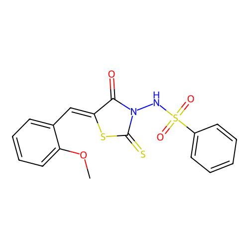 N-[(5Z)-5-(2-methoxybenzylidene)-4-oxo-2-thioxo-1,3-thiazolidin-3-yl]benzenesulfonamide structure