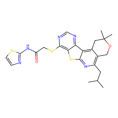 2-((5-isobutyl-2,2-dimethyl-2,4-dihydro-1H-pyrano[4'',3'':4',5']pyrido[3',2':4,5]thieno[3,2-d]pyrimidin-8-yl)thio)-N-(thiazol-2-yl)acetamide structure