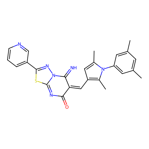 (E)-6-((1-(3,5-dimethylphenyl)-2,5-dimethyl-1H-pyrrol-3-yl)methylene)-5-imino-2-(pyridin-3-yl)-5H-[1,3,4]thiadiazolo[3,2-a]pyrimidin-7(6H)-one structure