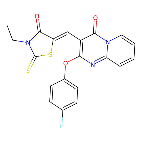 3-[(Z)-(3-ethyl-4-oxo-2-thioxo-1,3-thiazolidin-5-ylidene)methyl]-2-(4-fluorophenoxy)-4H-pyrido[1,2-a]pyrimidin-4-one structure