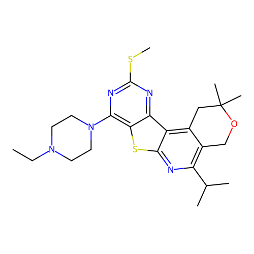 8-(4-ethylpiperazin-1-yl)-2,2-dimethyl-10-(methylsulfanyl)-5-(propan-2-yl)-1,4-dihydro-2H-pyrano[4'',3'':4',5']pyrido[3',2':4,5]thieno[3,2-d]pyrimidine structure