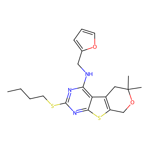 (2-Butylsulfanyl-6,6-dimethyl-5,8-dihydro-6H-pyrano[4',3':4,5]thieno[2,3-d]pyrimidin-4-yl)-furan-2-ylmeth yl-amine structure