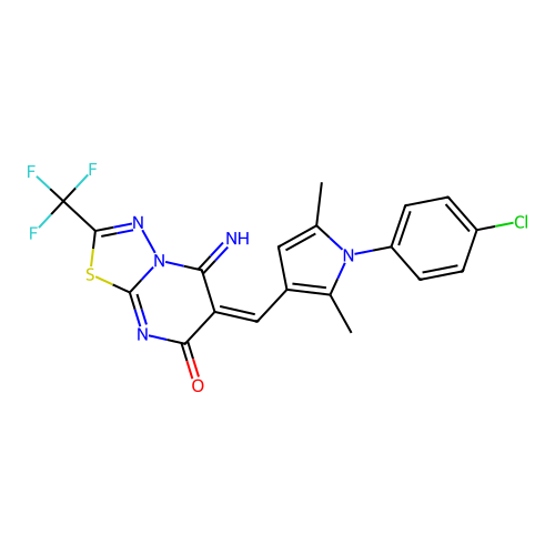 (E)-6-((1-(4-chlorophenyl)-2,5-dimethyl-1H-pyrrol-3-yl)methylene)-5-imino-2-(trifluoromethyl)-5H-[1,3,4]thiadiazolo[3,2-a]pyrimidin-7(6H)-one structure