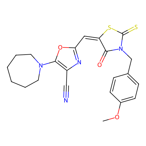 (E)-5-(azepan-1-yl)-2-((3-(4-methoxybenzyl)-4-oxo-2-thioxothiazolidin-5-ylidene)methyl)oxazole-4-carbonitrile structure