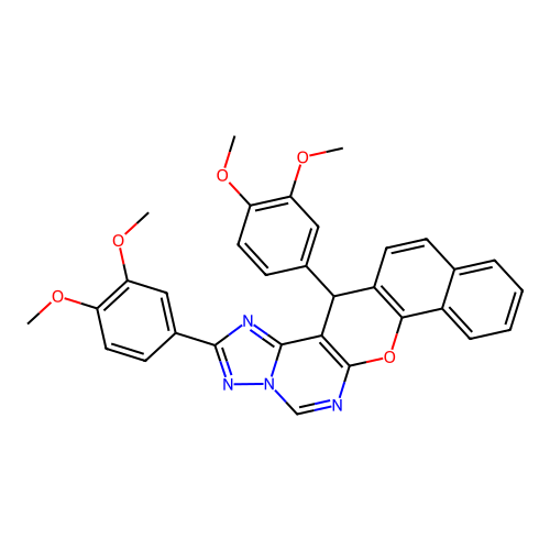 2,14-bis(3,4-dimethoxyphenyl)-14H-benzo[7,8]chromeno[3,2-e][1,2,4]triazolo[1,5-c]pyrimidine structure