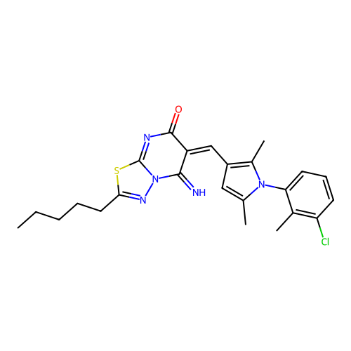 (6E)-6-[[1-(3-chloro-2-methylphenyl)-2,5-dimethylpyrrol-3-yl]methylidene]-5-imino-2-pentyl-[1,3,4]thiadiazolo[3,2-a]pyrimidin-7-one structure