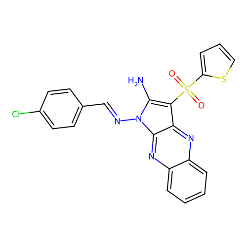 (E)-N1-(4-chlorobenzylidene)-3-(thiophen-2-ylsulfonyl)-1H-pyrrolo[2,3-b]quinoxaline-1,2-diamine structure