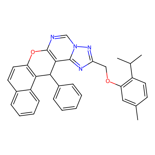 2-((2-isopropyl-5-methylphenoxy)methyl)-14-phenyl-14H-benzo[5,6]chromeno[3,2-e][1,2,4]triazolo[1,5-c]pyrimidine structure