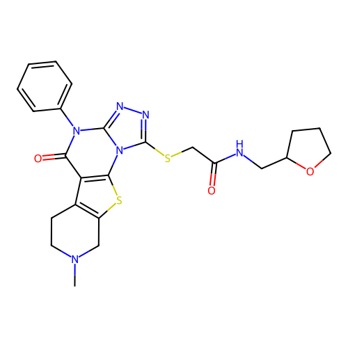 2-((8-methyl-5-oxo-4-phenyl-4,5,6,7,8,9-hexahydropyrido[4',3':4,5]thieno[3,2-e][1,2,4]triazolo[4,3-a]pyrimidin-1-yl)thio)-N-((tetrahydrofuran-2-yl)methyl)acetamide structure