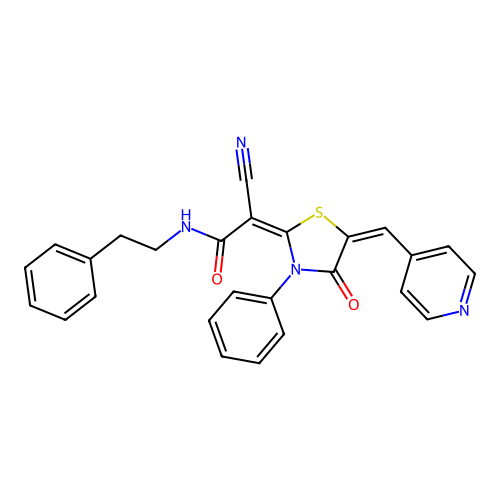 (E)-2-cyano-2-((E)-4-oxo-3-phenyl-5-(pyridin-4-ylmethylene)thiazolidin-2-ylidene)-N-phenethylacetamide structure