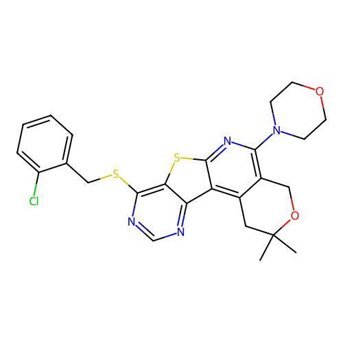 8-((2-chlorobenzyl)thio)-2,2-dimethyl-5-morpholino-2,4-dihydro-1H-pyrano[4'',3'':4',5']pyrido[3',2':4,5]thieno[3,2-d]pyrimidine structure