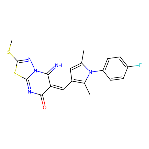 (6E)-6-[[1-(4-fluorophenyl)-2,5-dimethylpyrrol-3-yl]methylidene]-5-imino-2-methylsulfanyl-[1,3,4]thiadiazolo[3,2-a]pyrimidin-7-one structure