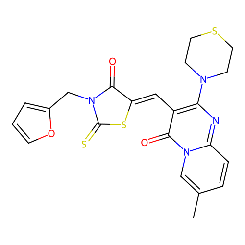 3-{(Z)-[3-(furan-2-ylmethyl)-4-oxo-2-thioxo-1,3-thiazolidin-5-ylidene]methyl}-7-methyl-2-(thiomorpholin-4-yl)-4H-pyrido[1,2-a]pyrimidin-4-one structure