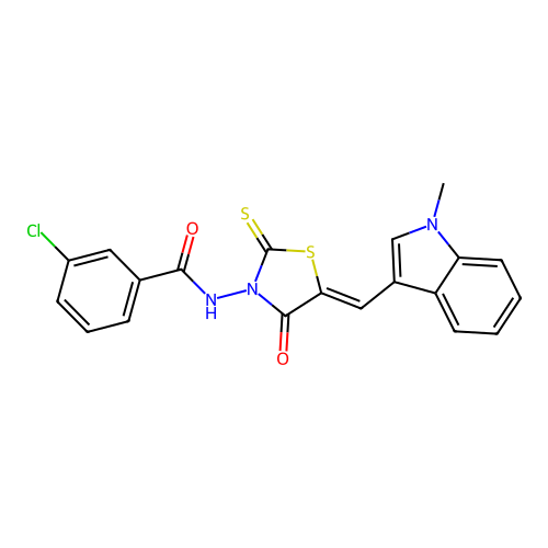3-chloro-N-[(5Z)-5-[(1-methylindol-3-yl)methylidene]-4-oxo-2-sulfanylidene-1,3-thiazolidin-3-yl]benzamide structure