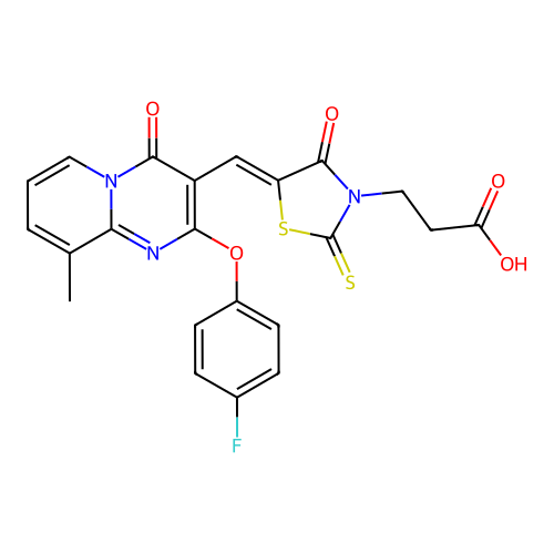 3-[(5Z)-5-{[2-(4-fluorophenoxy)-9-methyl-4-oxo-4H-pyrido[1,2-a]pyrimidin-3-yl]methylidene}-4-oxo-2-thioxo-1,3-thiazolidin-3-yl]propanoic acid structure