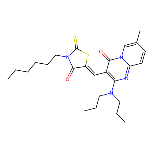 2-(dipropylamino)-3-[(Z)-(3-hexyl-4-oxo-2-thioxo-1,3-thiazolidin-5-ylidene)methyl]-7-methyl-4H-pyrido[1,2-a]pyrimidin-4-one structure